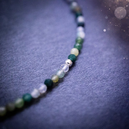 Beautifully handmade, moss agate crystal stacking bracelet. This bracelet has been made using high quality moss agate beads which are facetted to give a gorgeous sparkle. Strung on 49 strand beading wire for durability and a good drape on the wrist.