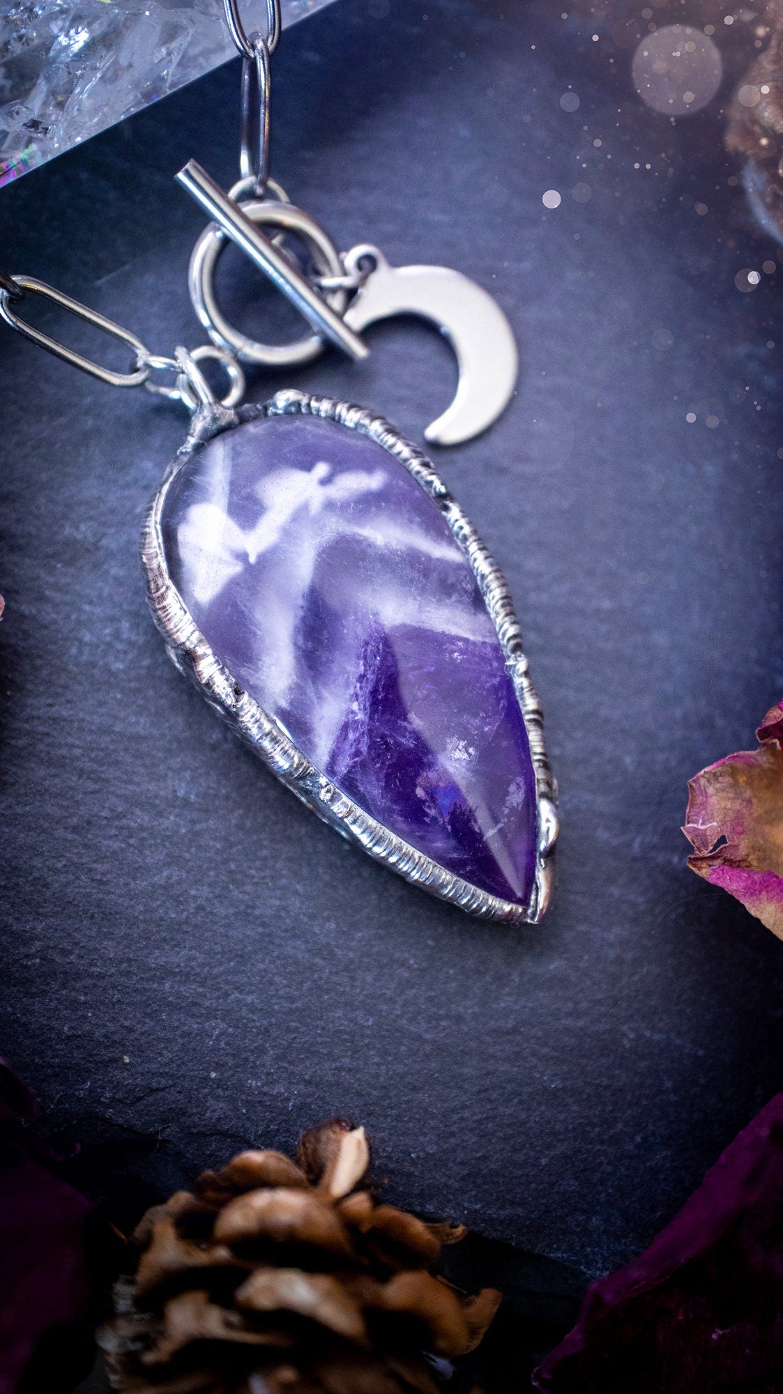 Beautiful, rich purple amethyst, soft soldered pendant necklace. This pendant has been made using the tiffany technique with lead free solder that contains silver. Featuring the most beautiful rainbow crystal. Gothic Jewellery. Crystals, witchy