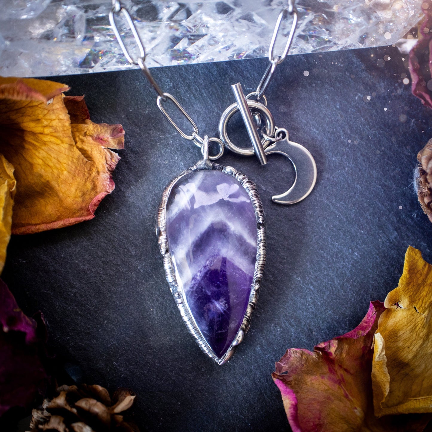 Beautiful, rich purple amethyst, soft soldered pendant necklace. This pendant has been made using the tiffany technique with lead free solder that contains silver. Featuring the most beautiful rainbow crystal. Gothic Jewellery. Crystals, witchy