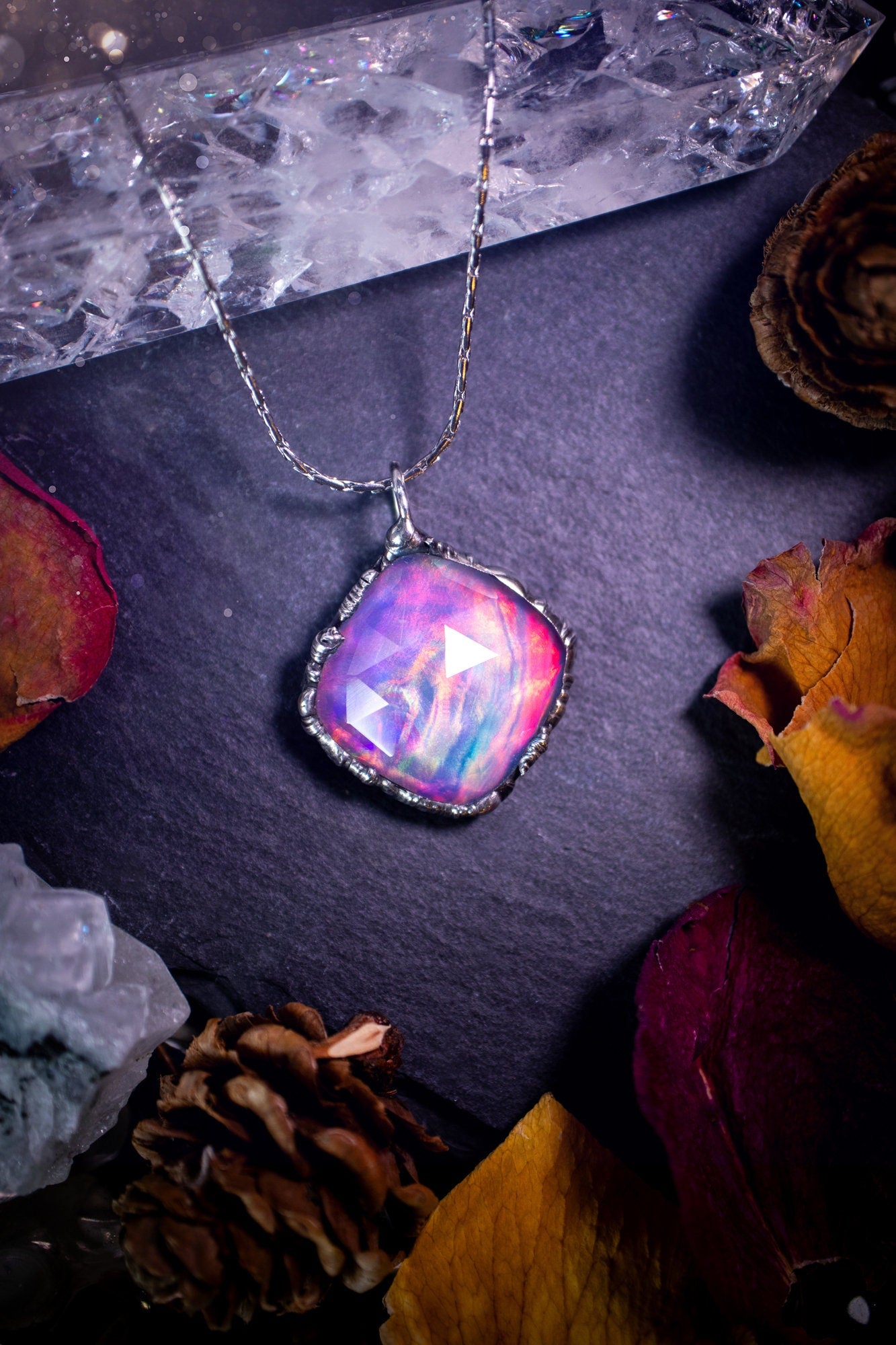 Large, beautiful rainbow aurora opal, soft soldered pendant necklace. This pendant has been made using the tiffany technique with lead free solder that contains silver. Featuring the most beautiful rainbow crystal. Gothic Jewellery. Crystals, witchy