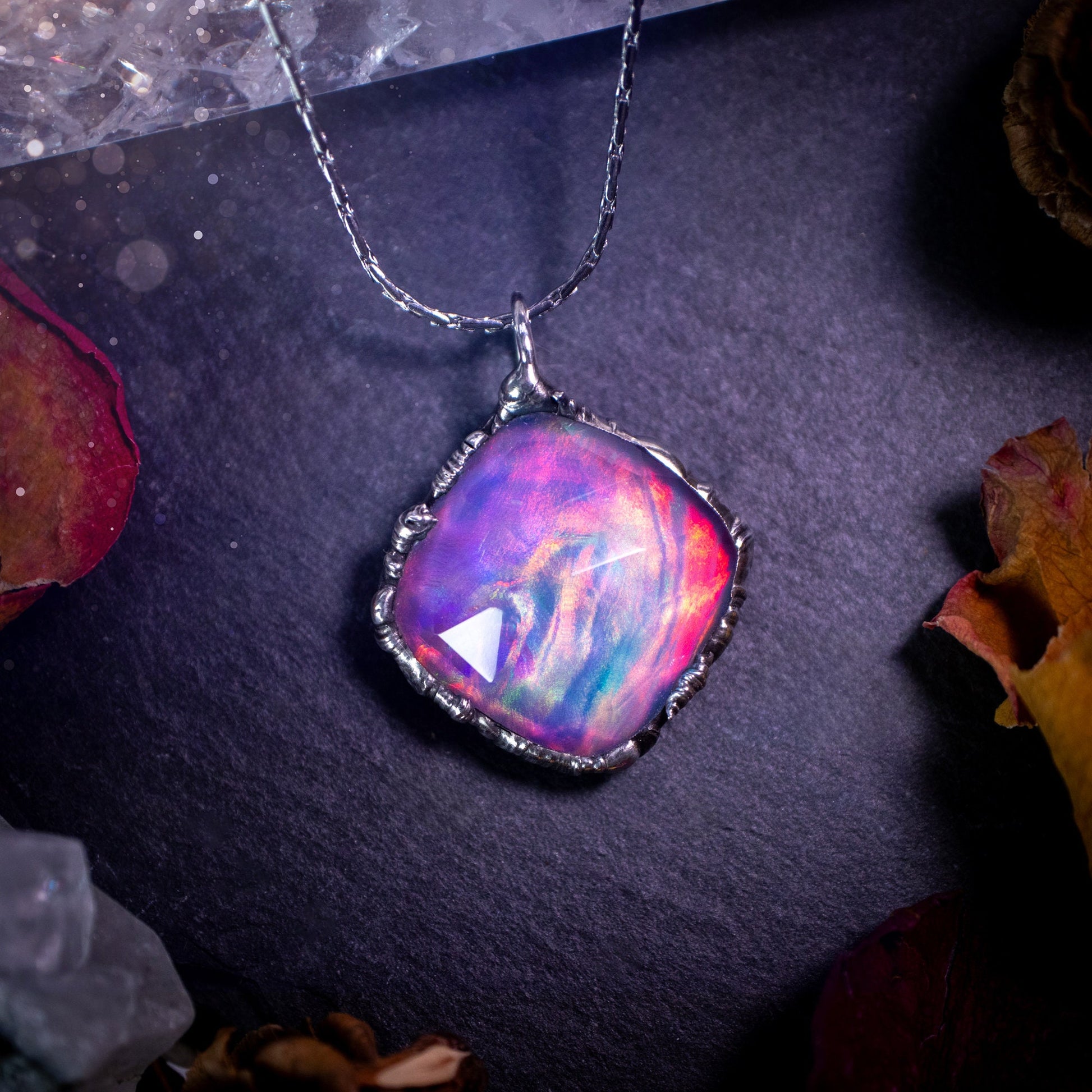 Large, beautiful rainbow aurora opal, soft soldered pendant necklace. This pendant has been made using the tiffany technique with lead free solder that contains silver. Featuring the most beautiful rainbow crystal. Gothic Jewellery. Crystals, witchy