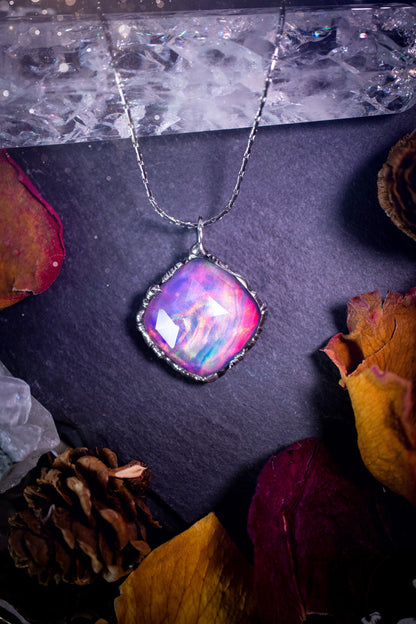 Large, beautiful rainbow aurora opal, soft soldered pendant necklace. This pendant has been made using the tiffany technique with lead free solder that contains silver. Featuring the most beautiful rainbow crystal. Gothic Jewellery. Crystals, witchy