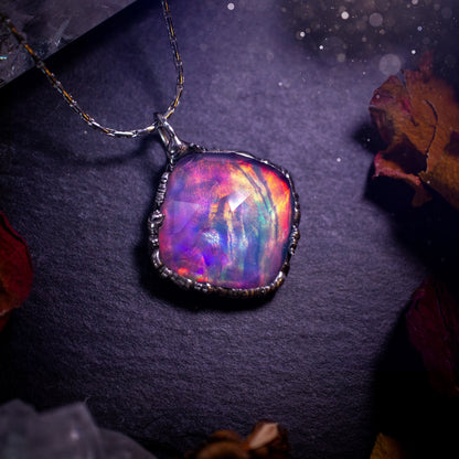 Large, beautiful rainbow aurora opal, soft soldered pendant necklace. This pendant has been made using the tiffany technique with lead free solder that contains silver. Featuring the most beautiful rainbow crystal. Gothic Jewellery. Crystals, witchy