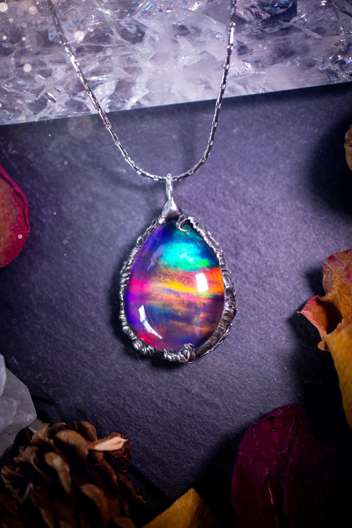 Large, beautiful rainbow aurora opal, soft soldered pendant necklace. This pendant has been made using the tiffany technique with lead free solder that contains silver. Featuring the most beautiful rainbow crystal. Gothic Jewellery. Crystals, witchy