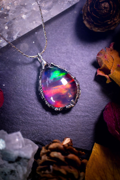 Large, beautiful rainbow aurora opal, soft soldered pendant necklace. This pendant has been made using the tiffany technique with lead free solder that contains silver. Featuring the most beautiful rainbow crystal. Gothic Jewellery. Crystals, witchy