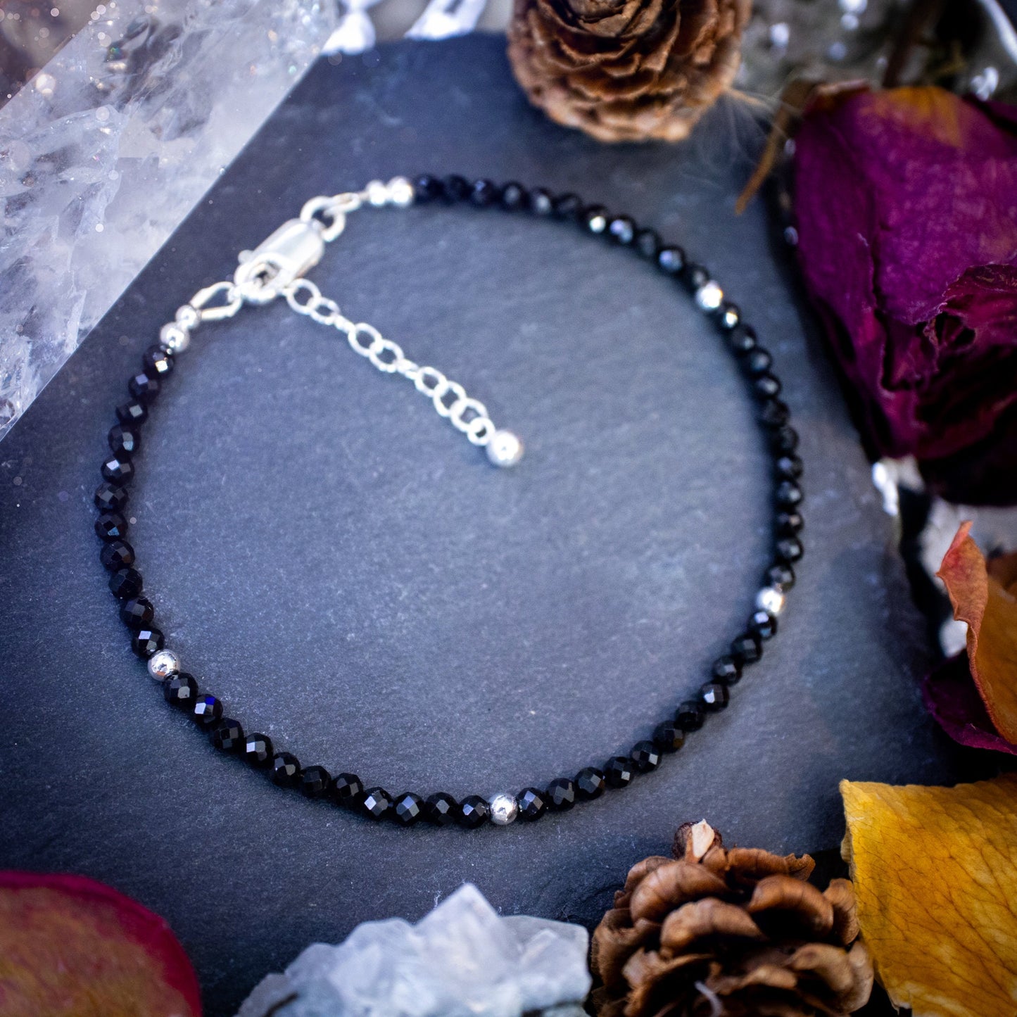 Beautifully handmade, black spinel crystal stacking bracelet. This bracelet has been made using high quality moss agate beads which are facetted to give a gorgeous sparkle. Strung on 49 strand beading wire for durability and a good drape on the wrist