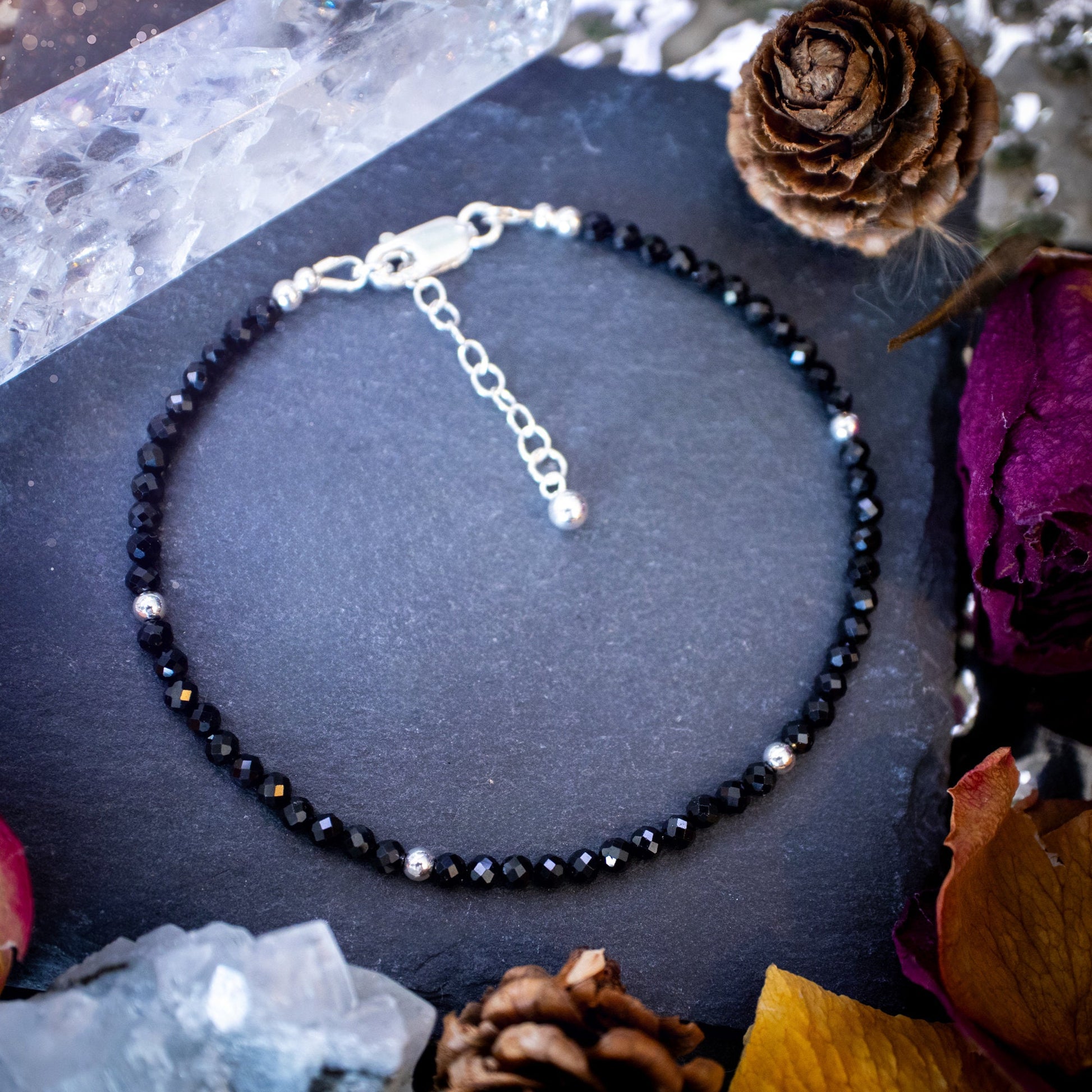 Beautifully handmade, black spinel crystal stacking bracelet. This bracelet has been made using high quality moss agate beads which are facetted to give a gorgeous sparkle. Strung on 49 strand beading wire for durability and a good drape on the wrist