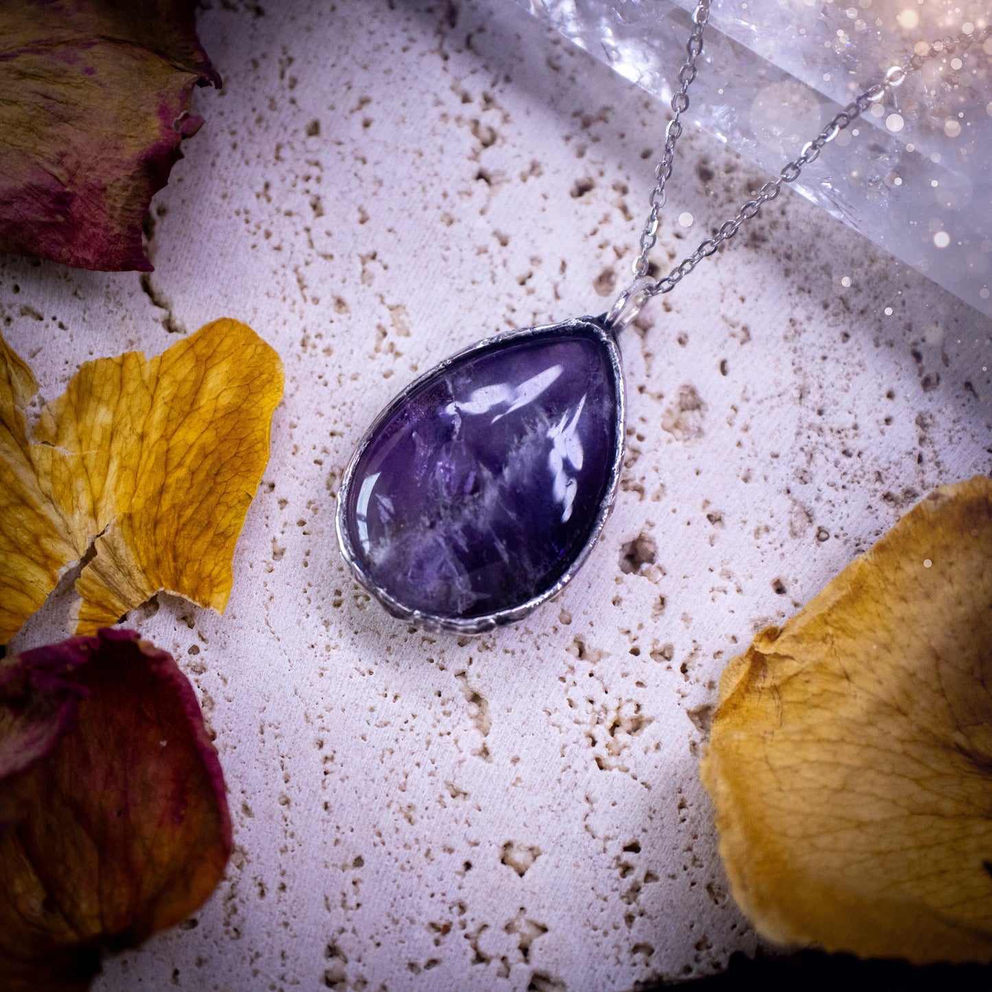 Beautiful, rich purple amethyst, soft soldered pendant necklace. This pendant has been made using the tiffany technique with lead free solder that contains silver. Featuring the most beautiful rainbow crystal. Gothic Jewellery. Crystals, witchy