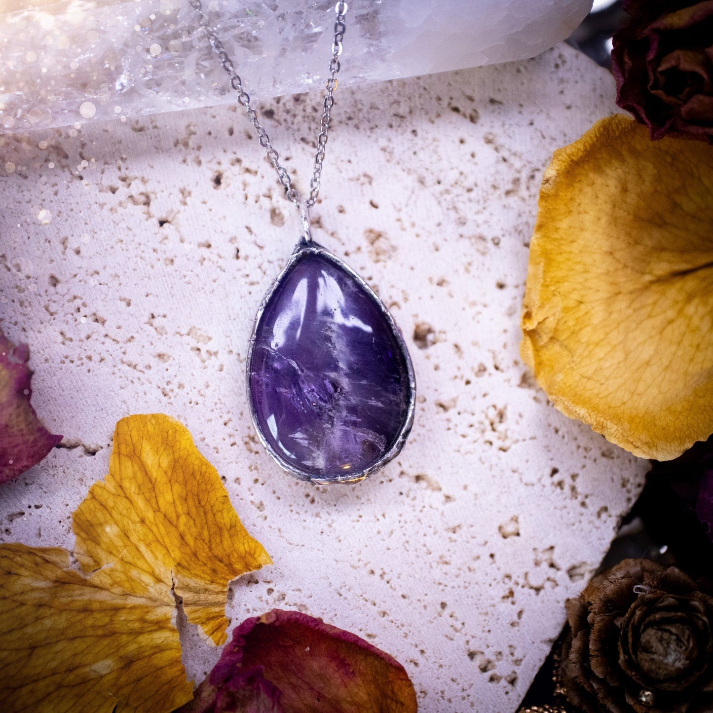 Beautiful, rich purple amethyst, soft soldered pendant necklace. This pendant has been made using the tiffany technique with lead free solder that contains silver. Featuring the most beautiful rainbow crystal. Gothic Jewellery. Crystals, witchy