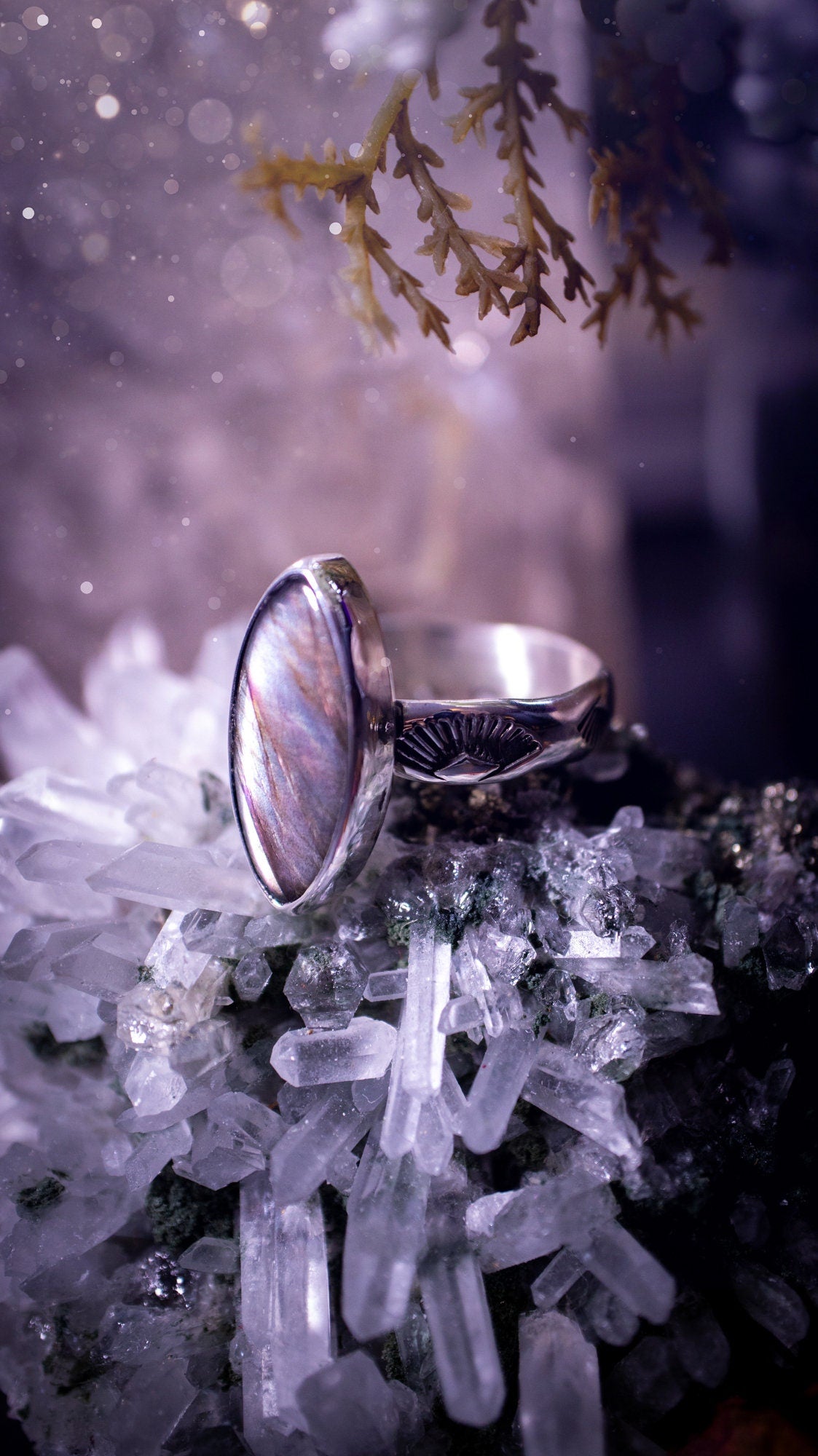 Stunning and handcrafted, natural pink and grey labradorite sterling silver stacking ring. This beautiful ring has been made from recycled sterling silver and has a stamped ring shank. Ideal for crystal and jewellery lovers. Hippy and witchy jewelry