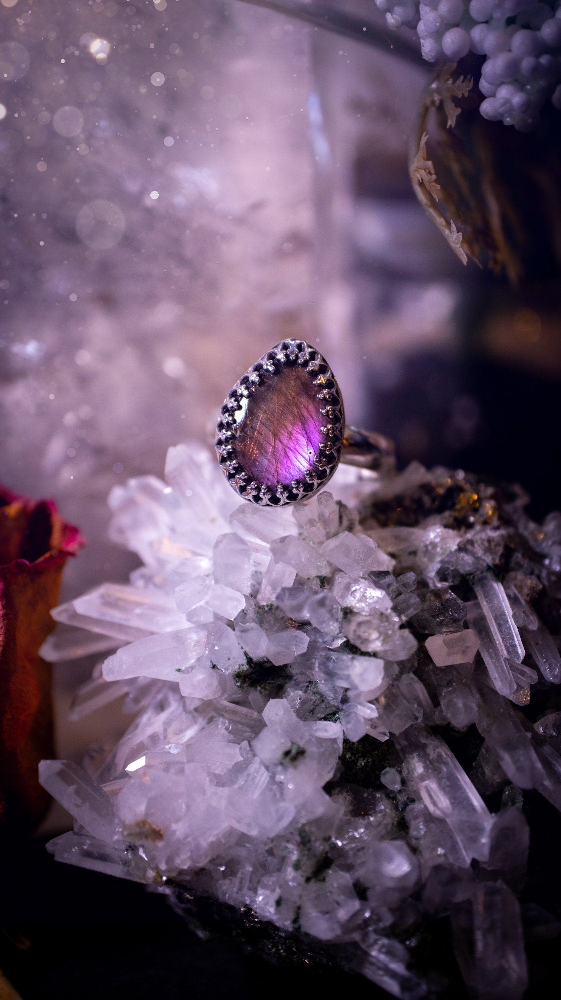 Stunning and handcrafted, natural purple labradorite sterling silver stacking ring. This beautiful ring has been made from recycled sterling silver and has a smooth ring shank. Size O. Ideal for crystal and jewellery lovers. Hippy and witch jewelry.