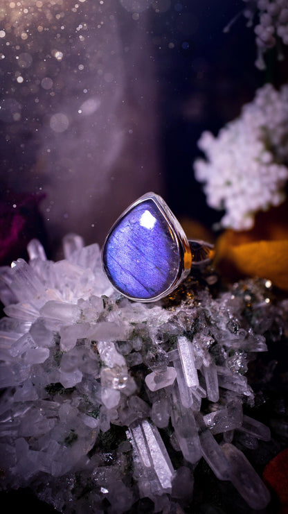 Stunning and handcrafted, natural purple labradorite sterling silver stacking ring. This beautiful ring has been made from recycled sterling silver and has a stamped ring shank. Size N 1/2. Ideal for crystal and jewellery lovers. Hippy and witch.