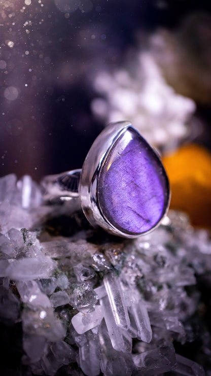 Stunning and handcrafted, natural purple labradorite sterling silver stacking ring. This beautiful ring has been made from recycled sterling silver and has a stamped ring shank. Size N 1/2. Ideal for crystal and jewellery lovers. Hippy and witch.