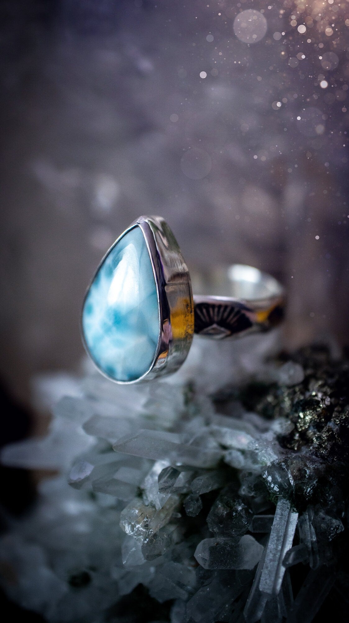 Stunning and handmade, natural Larimar sterling silver stacking ring. This beautiful ring has been made from recycled sterling silver and has a stamped ring shank. Ring is UK O. Perfect gift for jewellery and crystal lovers. Ocean crystal ring.