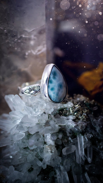 Stunning and handmade, natural Larimar sterling silver stacking ring. This beautiful ring has been made from recycled sterling silver and has a stamped ring shank. Ring is UK O. Perfect gift for jewellery and crystal lovers. Ocean crystal ring.