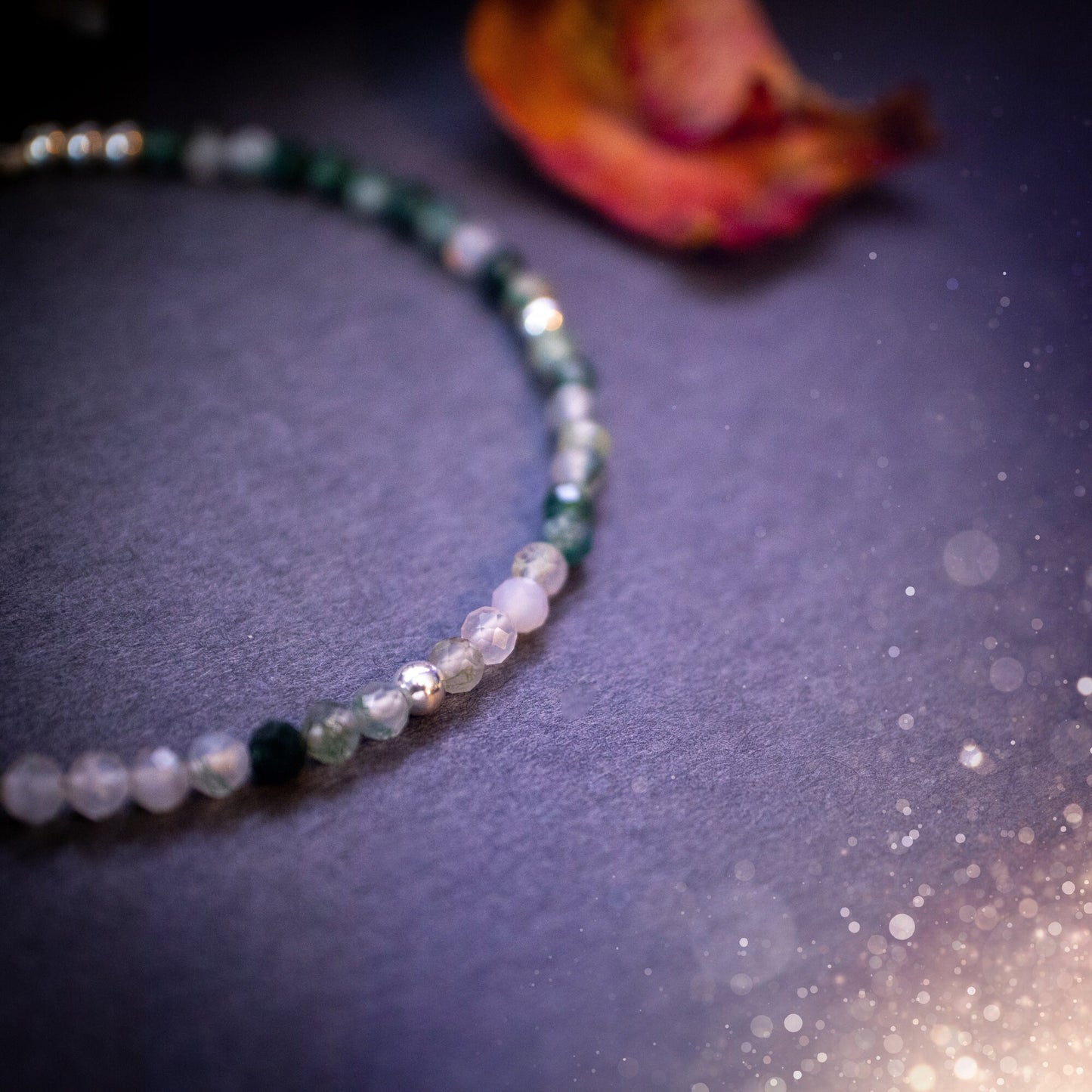 Beautifully handmade, moss agate crystal stacking bracelet. This bracelet has been made using high quality moss agate beads which are facetted to give a gorgeous sparkle. Strung on 49 strand beading wire for durability and a good drape on the wrist.