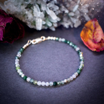 Beautifully handmade, moss agate crystal stacking bracelet. This bracelet has been made using high quality moss agate beads which are facetted to give a gorgeous sparkle. Strung on 49 strand beading wire for durability and a good drape on the wrist.