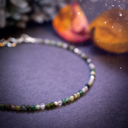 Beautifully handmade, moss agate crystal stacking bracelet. This bracelet has been made using high quality moss agate beads which are facetted to give a gorgeous sparkle. Strung on 49 strand beading wire for durability and a good drape on the wrist.