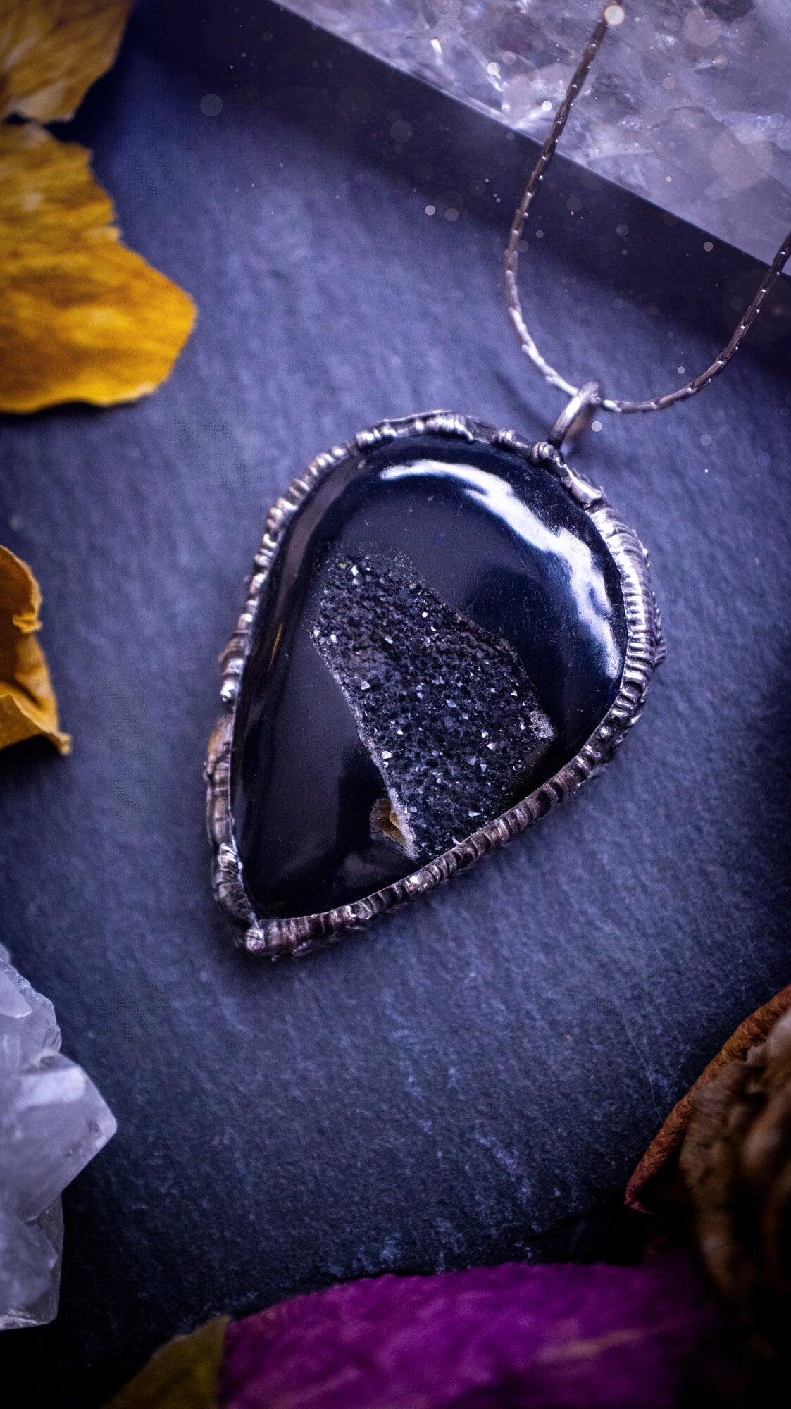 Beautiful black druzy onyx, soft soldered pendant necklace. This pendant has been made using the tiffany technique with lead free solder that contains silver. Featuring the most beautiful sparkly crystal. Gothic Jewellery. Crystals, witchy, gifts.