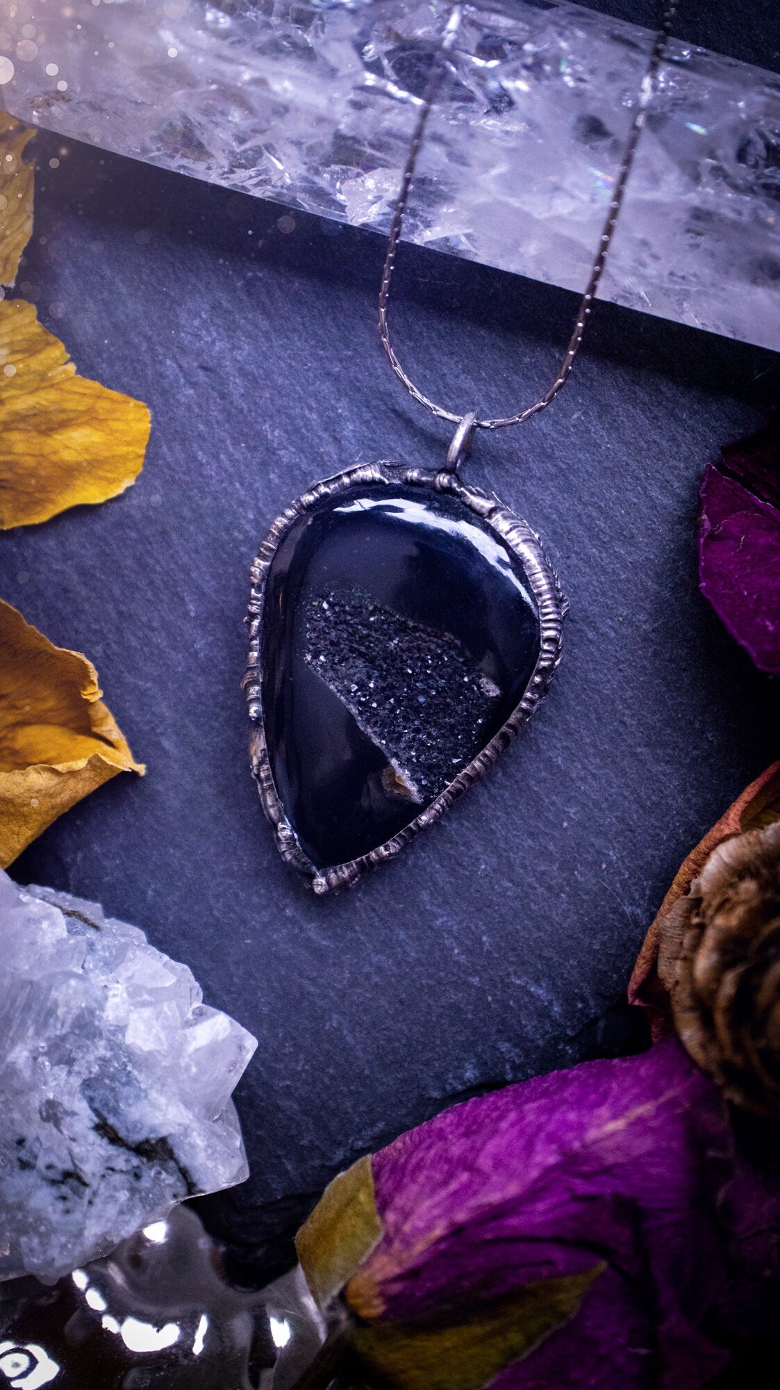 Beautiful black druzy onyx, soft soldered pendant necklace. This pendant has been made using the tiffany technique with lead free solder that contains silver. Featuring the most beautiful sparkly crystal. Gothic Jewellery. Crystals, witchy, gifts.