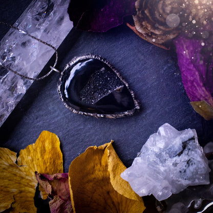 Beautiful black druzy onyx, soft soldered pendant necklace. This pendant has been made using the tiffany technique with lead free solder that contains silver. Featuring the most beautiful sparkly crystal. Gothic Jewellery. Crystals, witchy, gifts.