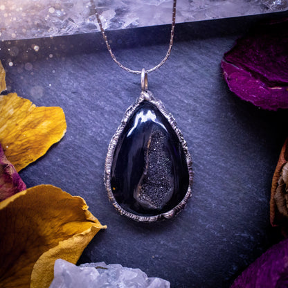 Beautiful black druzy onyx, soft soldered pendant necklace. This pendant has been made using the tiffany technique with lead free solder that contains silver. Featuring the most beautiful sparkly crystal. Gothic Jewellery. Crystals, witchy, gifts.