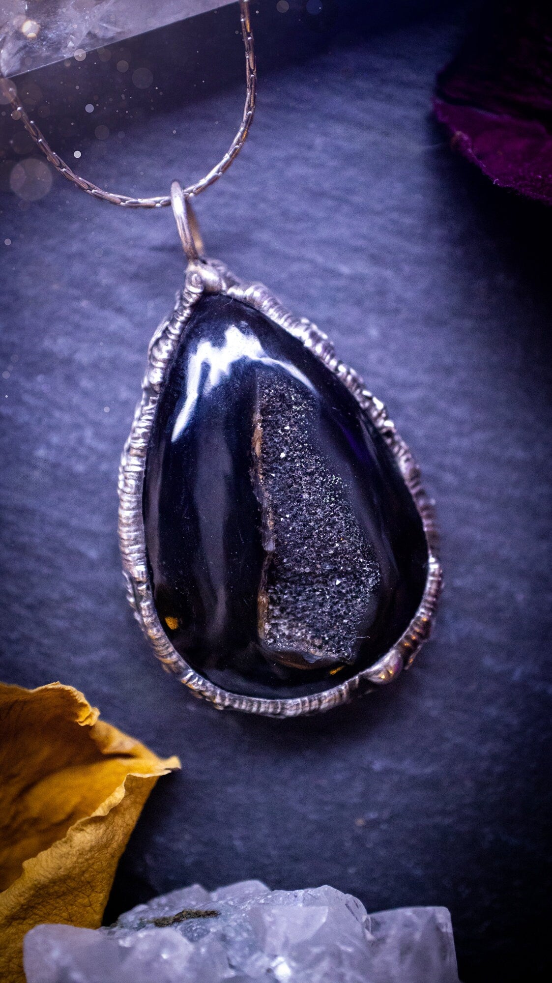 Beautiful black druzy onyx, soft soldered pendant necklace. This pendant has been made using the tiffany technique with lead free solder that contains silver. Featuring the most beautiful sparkly crystal. Gothic Jewellery. Crystals, witchy, gifts.