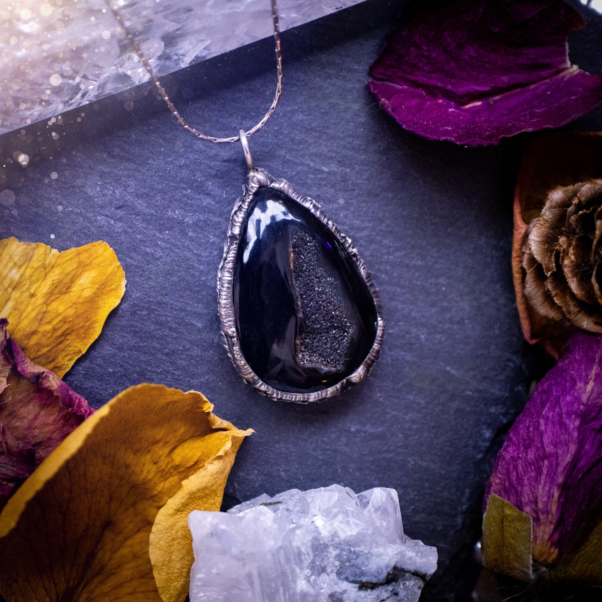 Beautiful black druzy onyx, soft soldered pendant necklace. This pendant has been made using the tiffany technique with lead free solder that contains silver. Featuring the most beautiful sparkly crystal. Gothic Jewellery. Crystals, witchy, gifts.