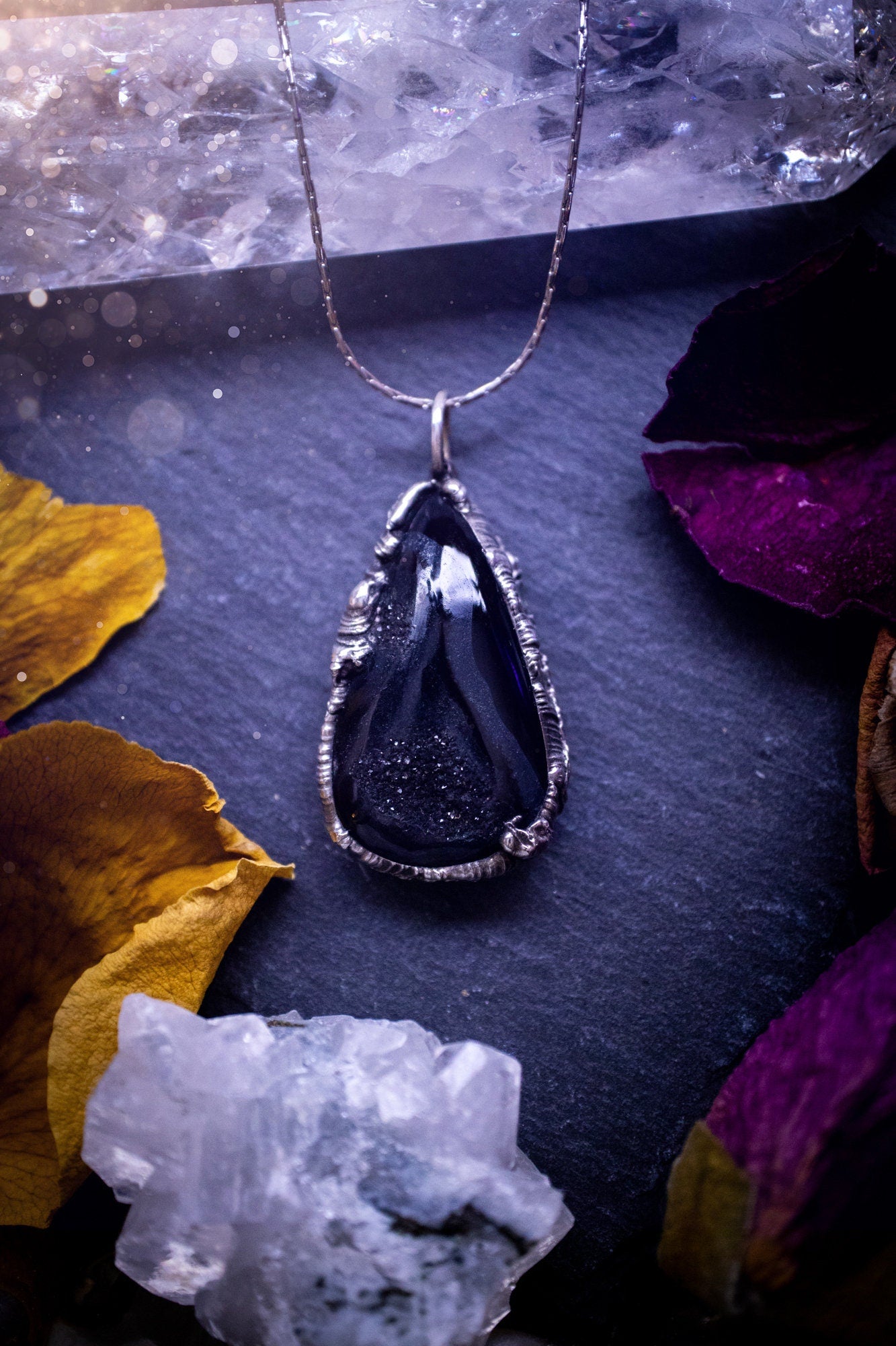 Beautiful black druzy onyx, soft soldered pendant necklace. This pendant has been made using the tiffany technique with lead free solder that contains silver. Featuring the most beautiful sparkly crystal. Gothic Jewellery. Crystals, witchy, gifts.