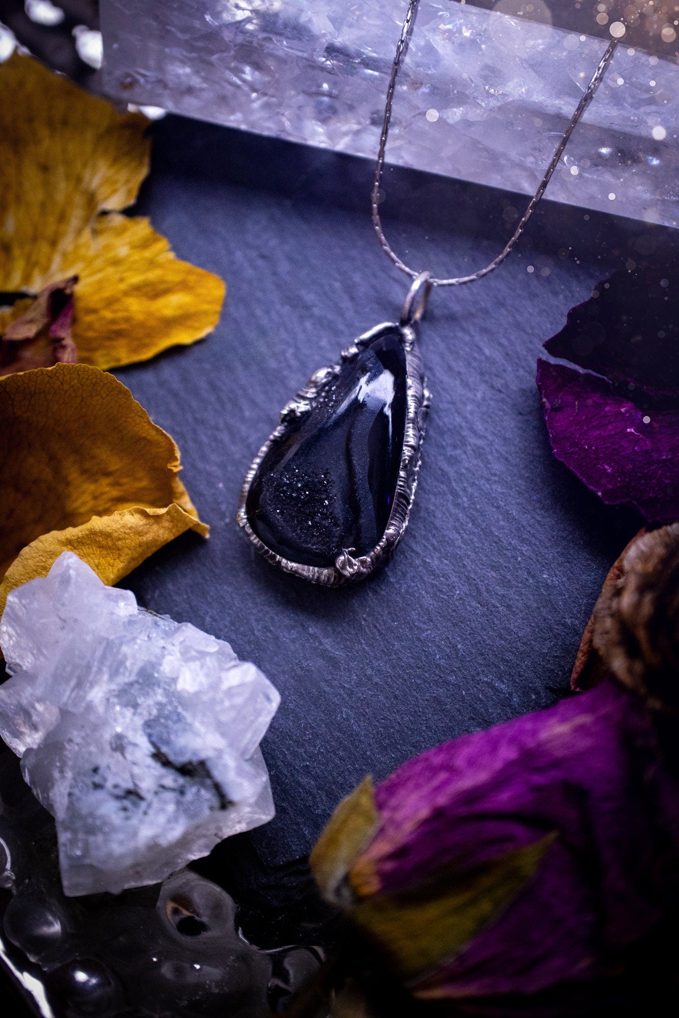 Beautiful black druzy onyx, soft soldered pendant necklace. This pendant has been made using the tiffany technique with lead free solder that contains silver. Featuring the most beautiful sparkly crystal. Gothic Jewellery. Crystals, witchy, gifts.