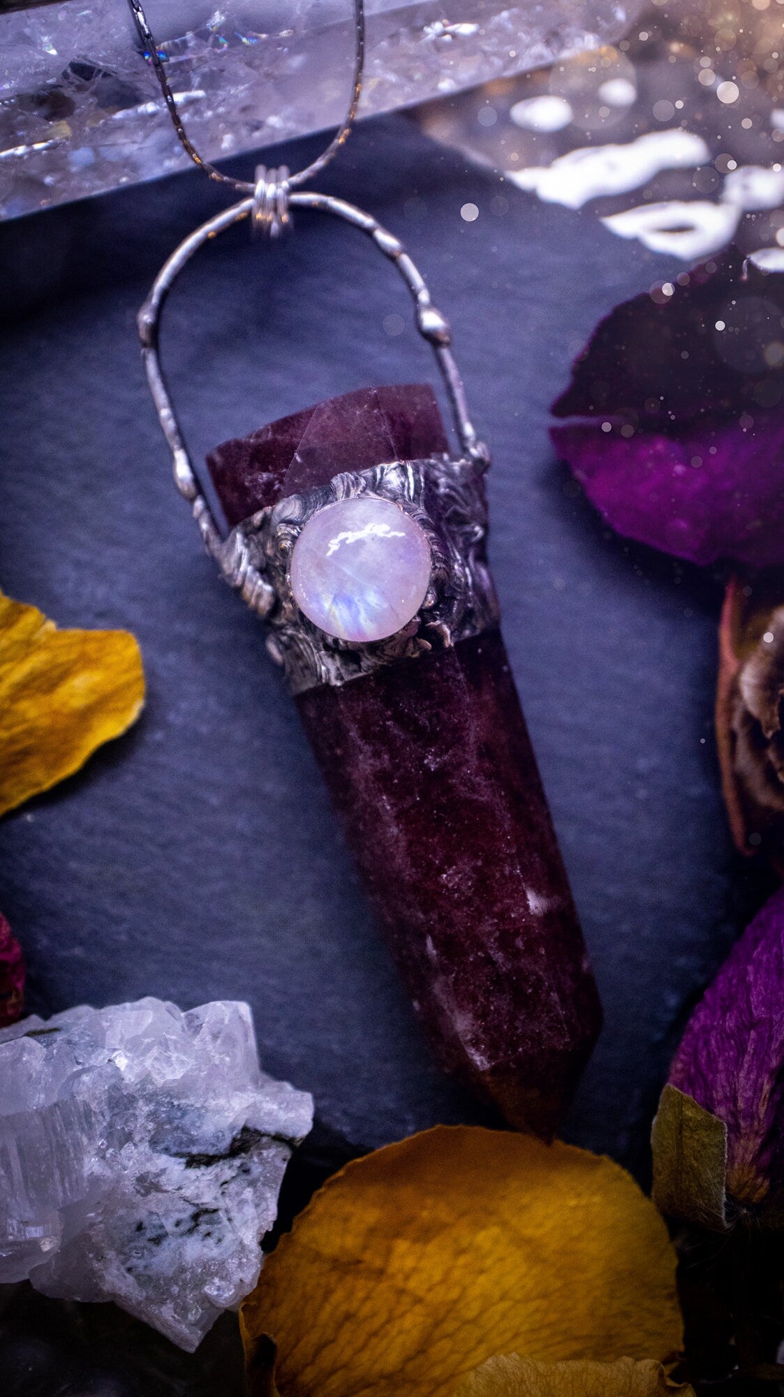 Beautiful strawberry quartz and rainbow moonstone talisman pendant necklace. This necklace has been created out of solder using the tiffany technique. Featuring a large strawberry quartz and a flashy moonstone. Gifts for witches, goths.