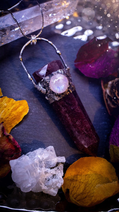 Beautiful strawberry quartz and rainbow moonstone talisman pendant necklace. This necklace has been created out of solder using the tiffany technique. Featuring a large strawberry quartz and a flashy moonstone. Gifts for witches, goths.