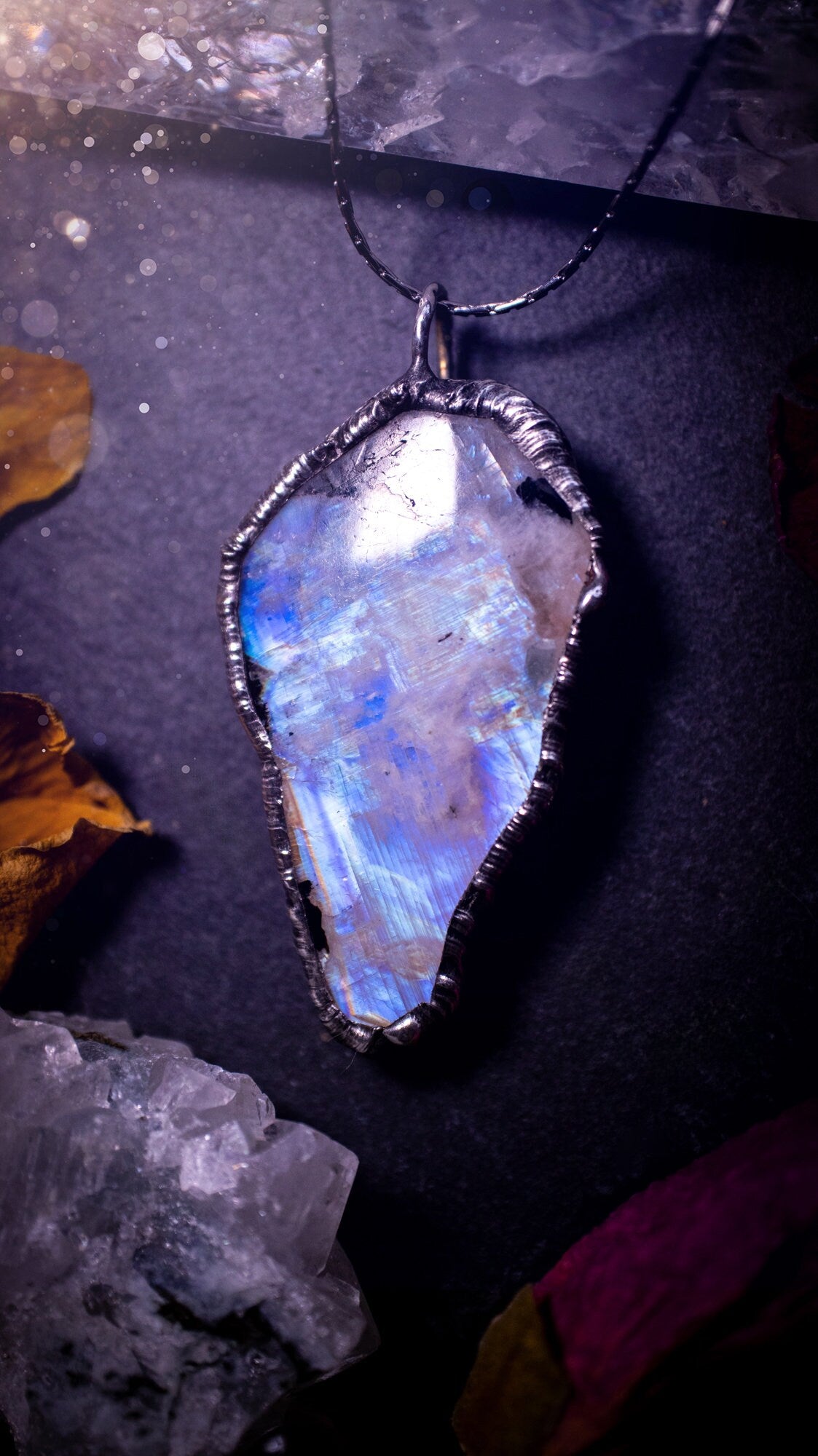 Handmade and beautiful rainbow moonstone crystal pendant necklace. This necklace has been made using the soft solder method also known as the tiffany technique. Moonstone is the birthstone for June. Ideal birthday gift, gothic and witch jewellery