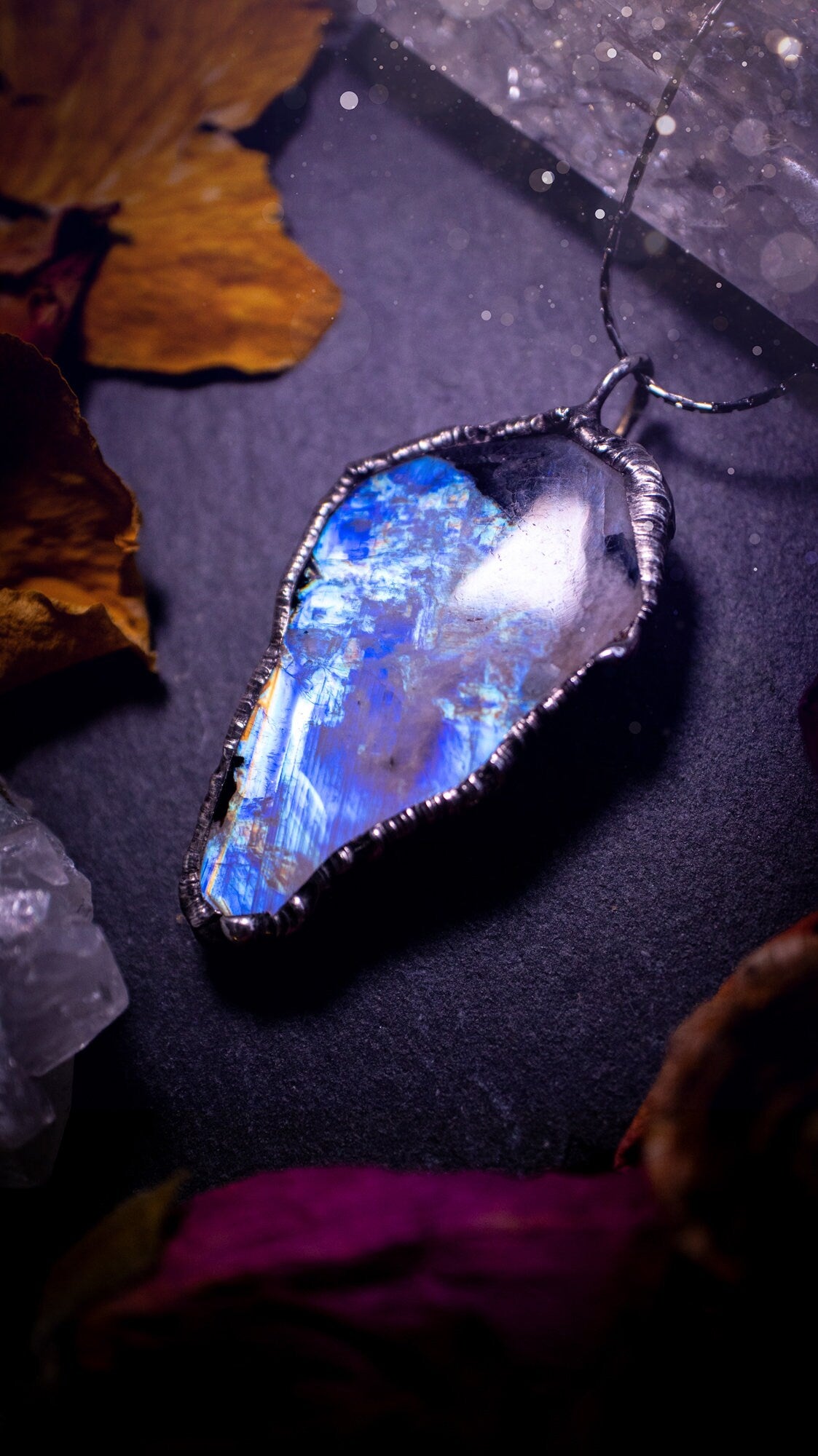 Handmade and beautiful rainbow moonstone crystal pendant necklace. This necklace has been made using the soft solder method also known as the tiffany technique. Moonstone is the birthstone for June. Ideal birthday gift, gothic and witch jewellery