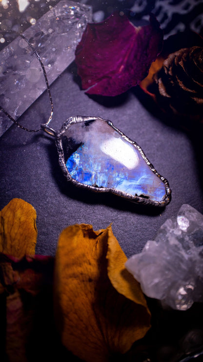 Handmade and beautiful rainbow moonstone crystal pendant necklace. This necklace has been made using the soft solder method also known as the tiffany technique. Moonstone is the birthstone for June. Ideal birthday gift, gothic and witch jewellery