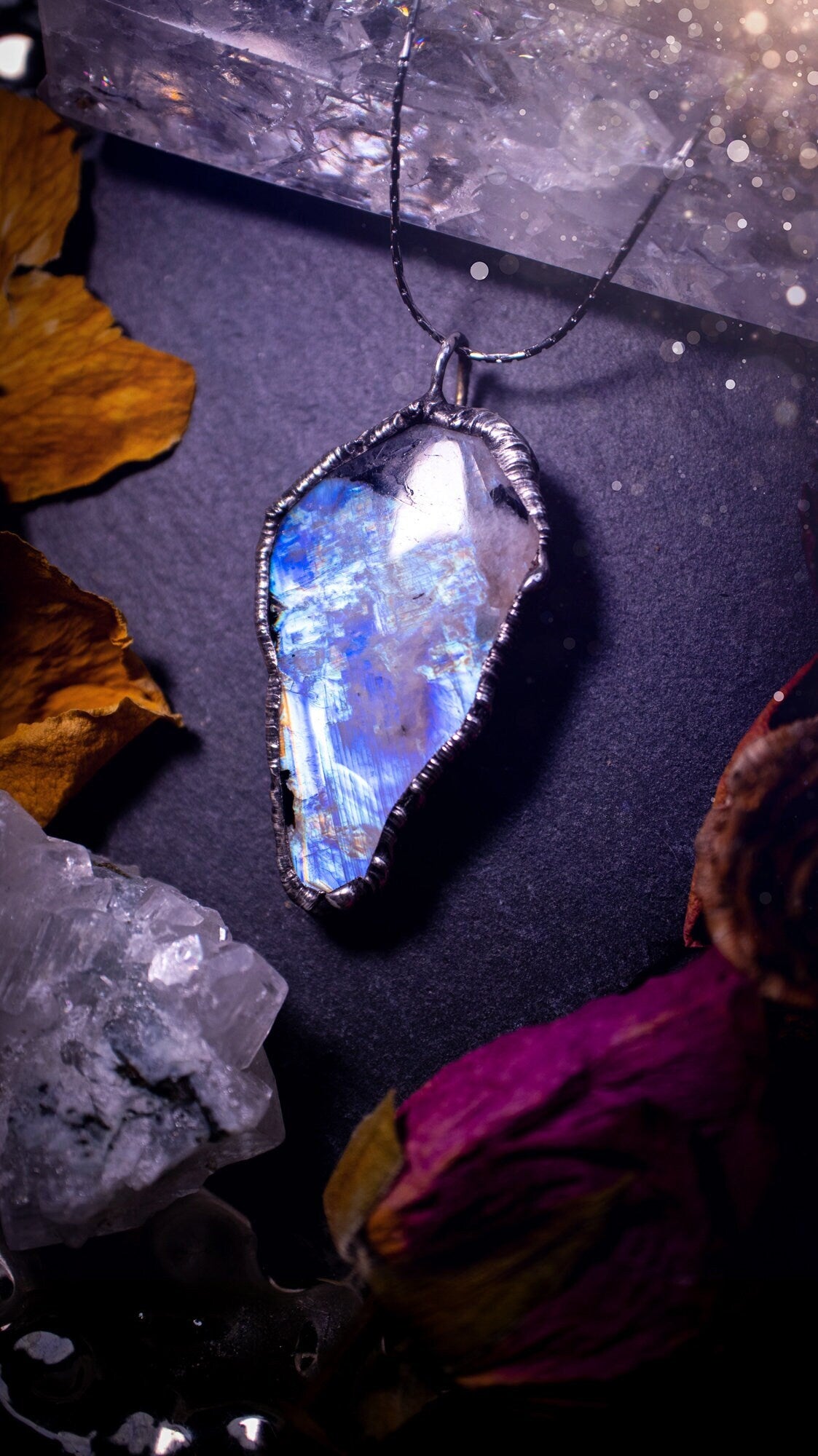 Handmade and beautiful rainbow moonstone crystal pendant necklace. This necklace has been made using the soft solder method also known as the tiffany technique. Moonstone is the birthstone for June. Ideal birthday gift, gothic and witch jewellery