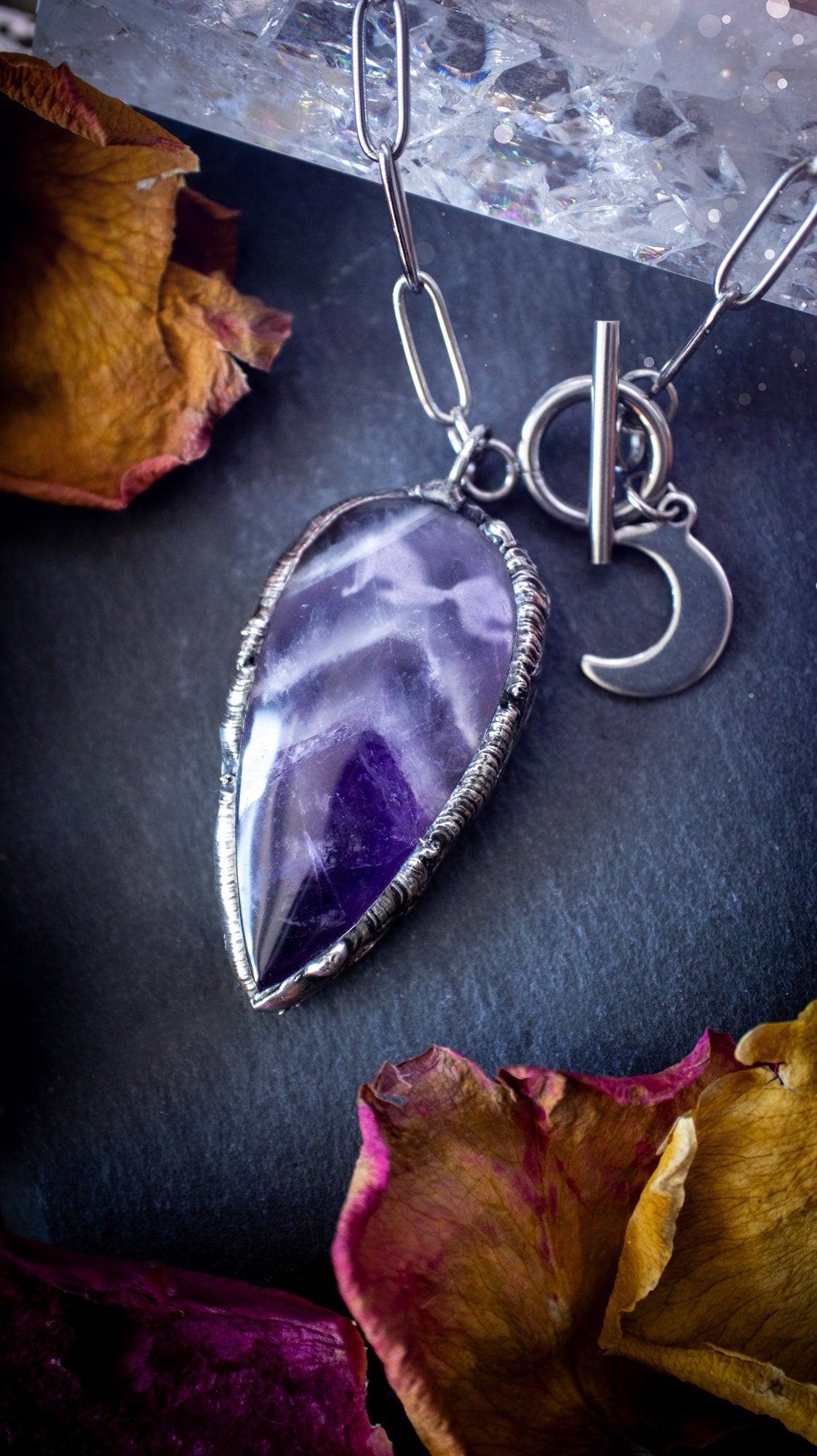 Beautiful, rich purple amethyst, soft soldered pendant necklace. This pendant has been made using the tiffany technique with lead free solder that contains silver. Featuring the most beautiful rainbow crystal. Gothic Jewellery. Crystals, witchy