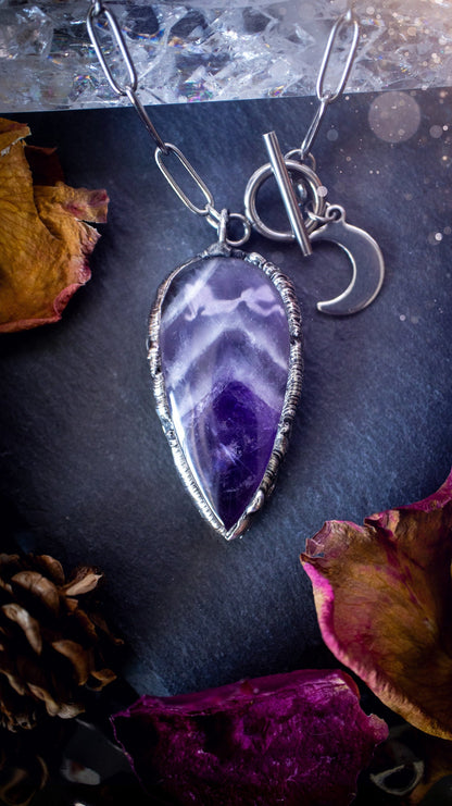 Beautiful, rich purple amethyst, soft soldered pendant necklace. This pendant has been made using the tiffany technique with lead free solder that contains silver. Featuring the most beautiful rainbow crystal. Gothic Jewellery. Crystals, witchy