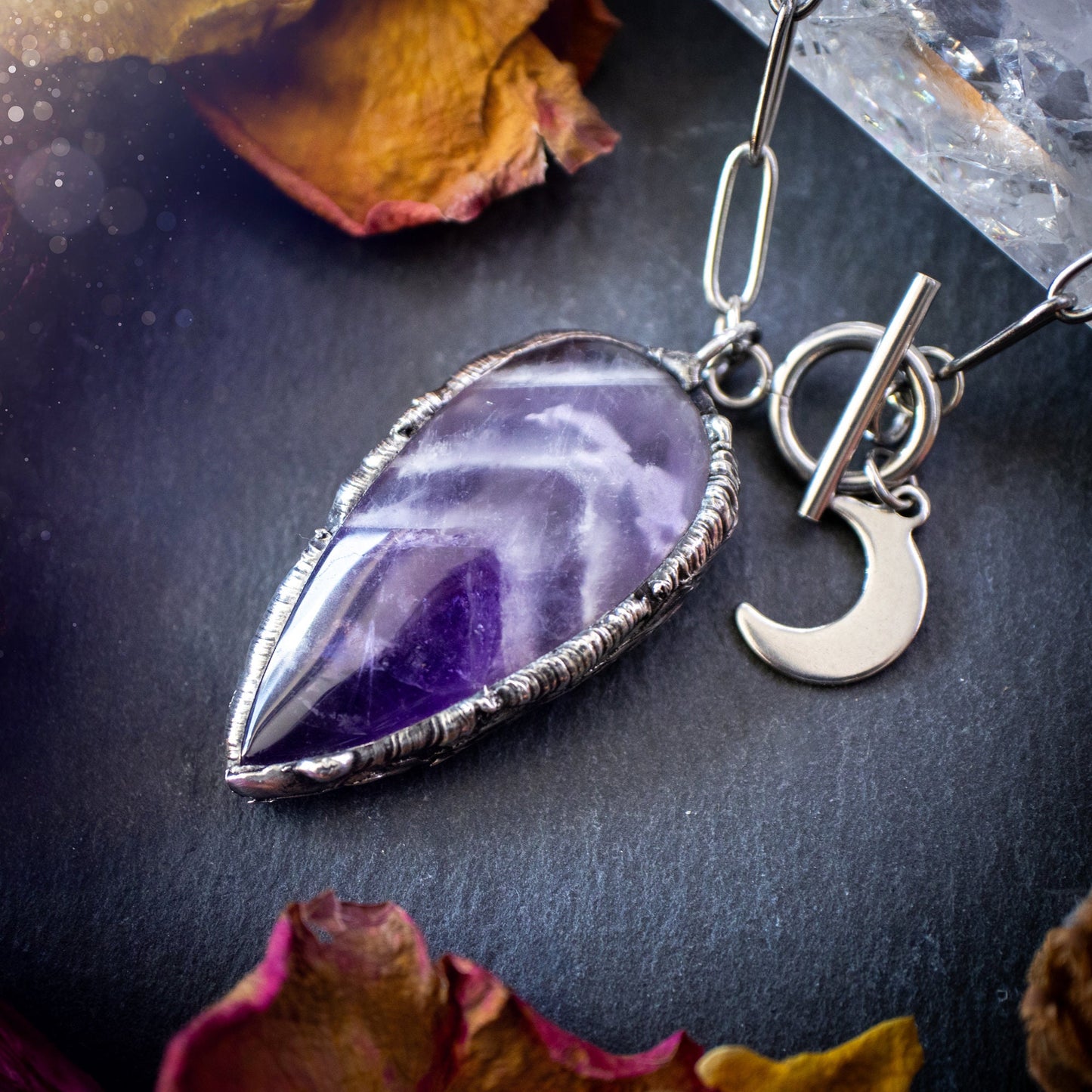 Beautiful, rich purple amethyst, soft soldered pendant necklace. This pendant has been made using the tiffany technique with lead free solder that contains silver. Featuring the most beautiful rainbow crystal. Gothic Jewellery. Crystals, witchy