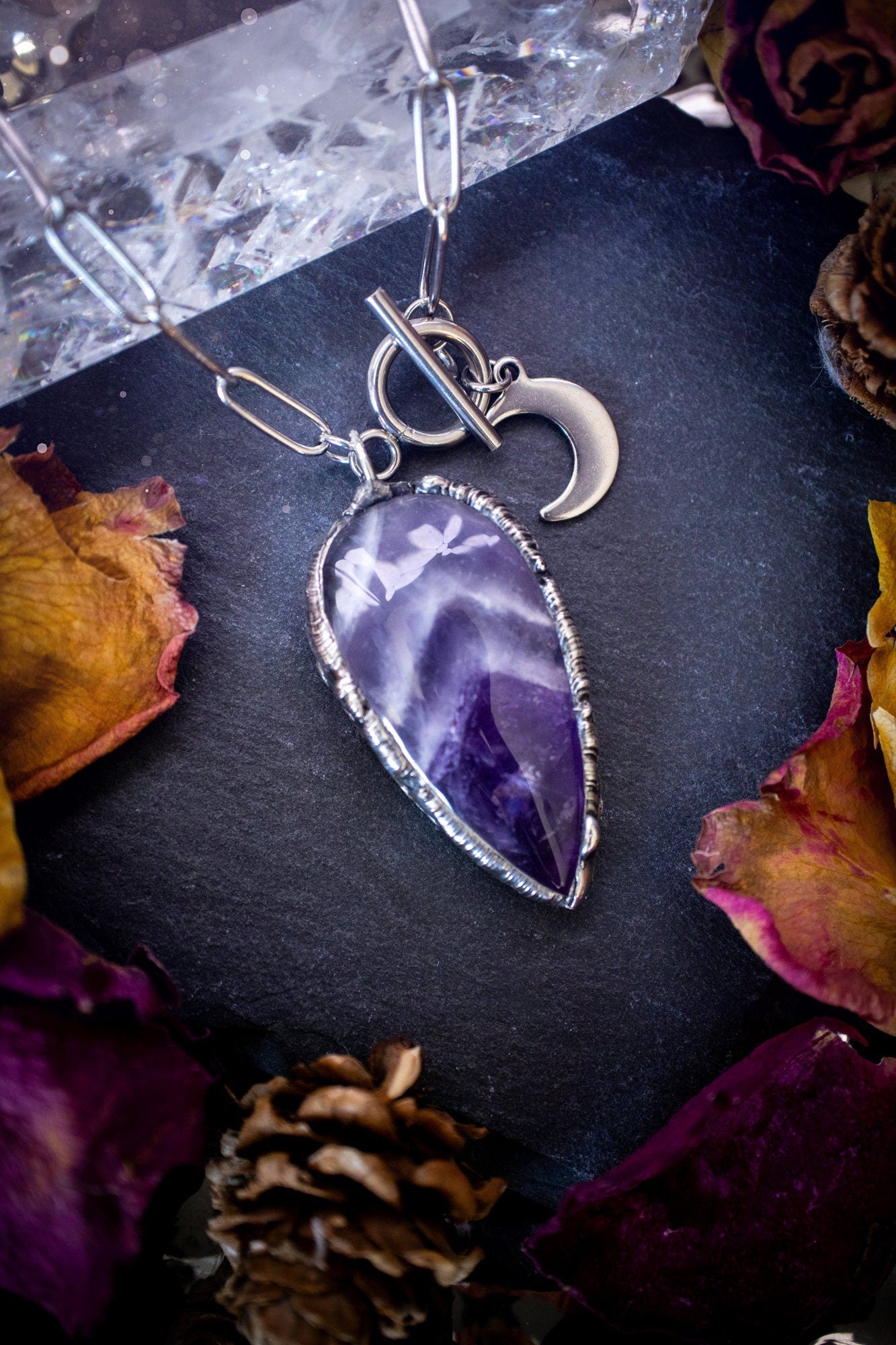 Beautiful, rich purple amethyst, soft soldered pendant necklace. This pendant has been made using the tiffany technique with lead free solder that contains silver. Featuring the most beautiful rainbow crystal. Gothic Jewellery. Crystals, witchy