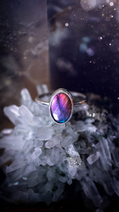 Beautiful and minimalistic, purple pink and blue labradorite crystal stacking ring. This ring has been made by hand, and is crafted from recycled sterling silver. Featuring the most bold, purple labradorite spectrolite crystal. Gifts for her, hippy