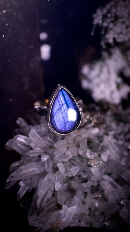 Stunning and handcrafted, natural purple labradorite sterling silver stacking ring. This beautiful ring has been made from recycled sterling silver and has a stamped ring shank. Size S. Ideal for crystal and jewellery lovers. Hippy and witch jewelry