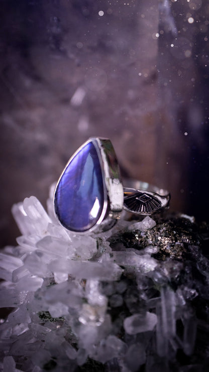 Stunning and handcrafted, natural purple labradorite sterling silver stacking ring. This beautiful ring has been made from recycled sterling silver and has a stamped ring shank. Size S. Ideal for crystal and jewellery lovers. Hippy and witch jewelry