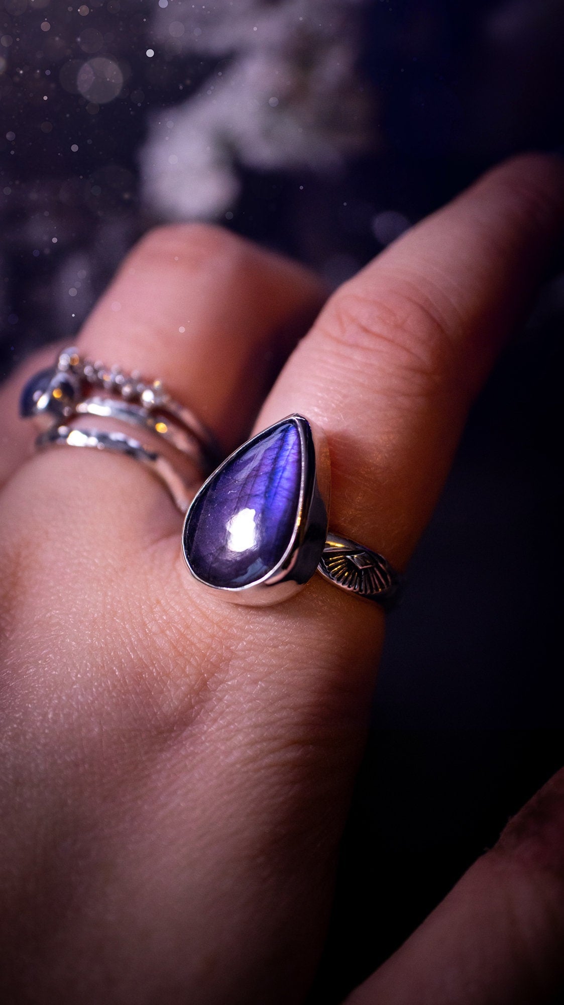 Stunning and handcrafted, natural purple labradorite sterling silver stacking ring. This beautiful ring has been made from recycled sterling silver and has a stamped ring shank. Size S. Ideal for crystal and jewellery lovers. Hippy and witch jewelry