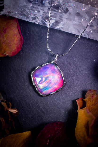 Large, beautiful rainbow aurora opal, soft soldered pendant necklace. This pendant has been made using the tiffany technique with lead free solder that contains silver. Featuring the most beautiful rainbow crystal. Gothic Jewellery. Crystals, witchy