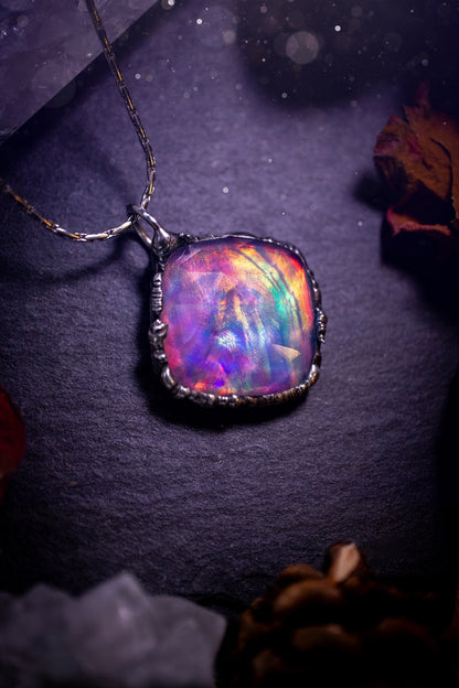 Large, beautiful rainbow aurora opal, soft soldered pendant necklace. This pendant has been made using the tiffany technique with lead free solder that contains silver. Featuring the most beautiful rainbow crystal. Gothic Jewellery. Crystals, witchy