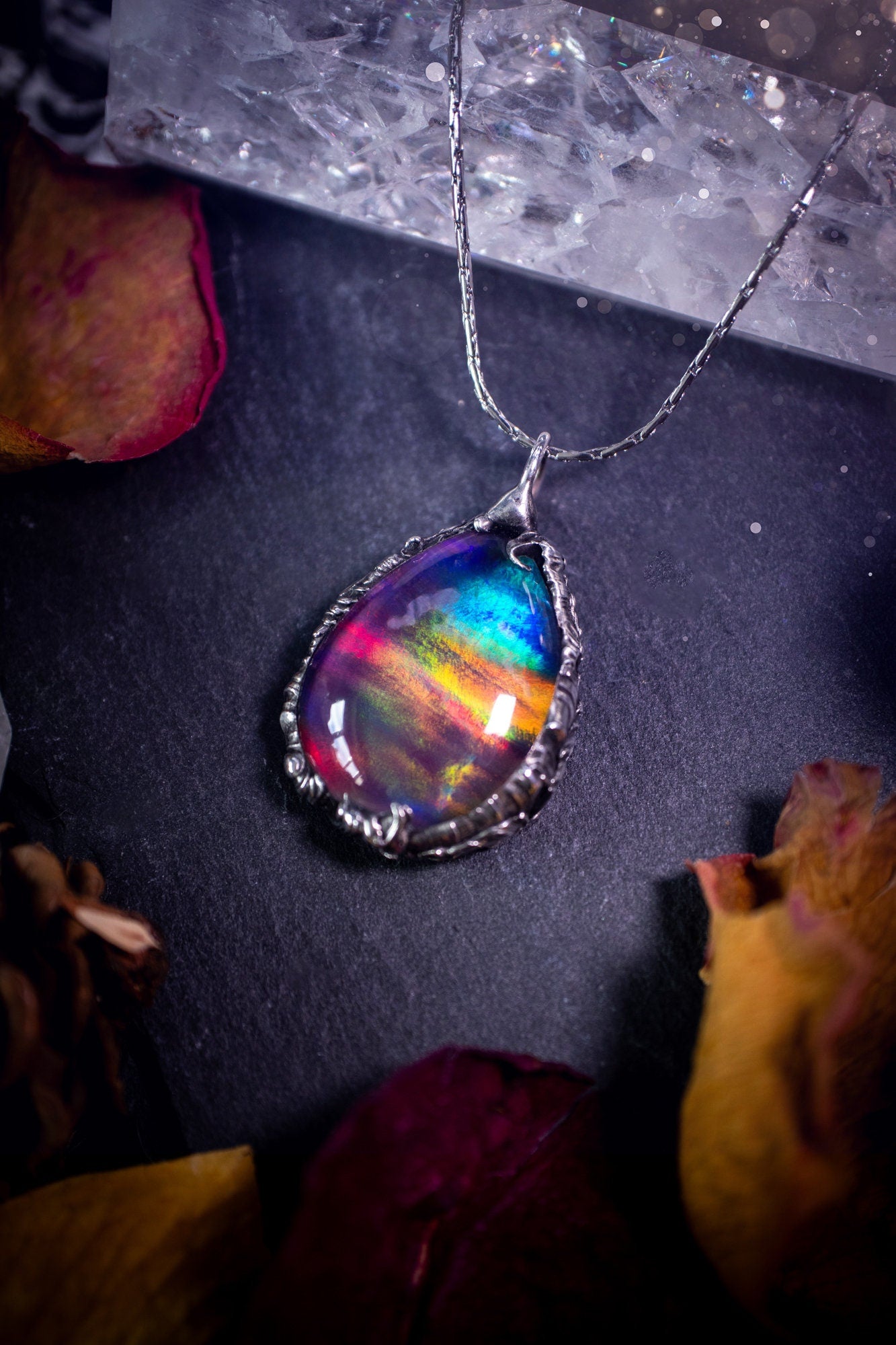 Large, beautiful rainbow aurora opal, soft soldered pendant necklace. This pendant has been made using the tiffany technique with lead free solder that contains silver. Featuring the most beautiful rainbow crystal. Gothic Jewellery. Crystals, witchy