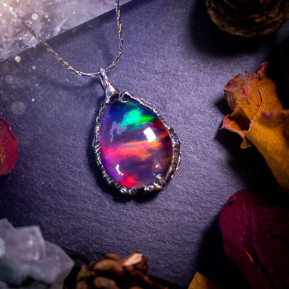 Large, beautiful rainbow aurora opal, soft soldered pendant necklace. This pendant has been made using the tiffany technique with lead free solder that contains silver. Featuring the most beautiful rainbow crystal. Gothic Jewellery. Crystals, witchy