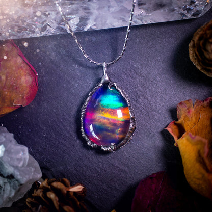 Large, beautiful rainbow aurora opal, soft soldered pendant necklace. This pendant has been made using the tiffany technique with lead free solder that contains silver. Featuring the most beautiful rainbow crystal. Gothic Jewellery. Crystals, witchy