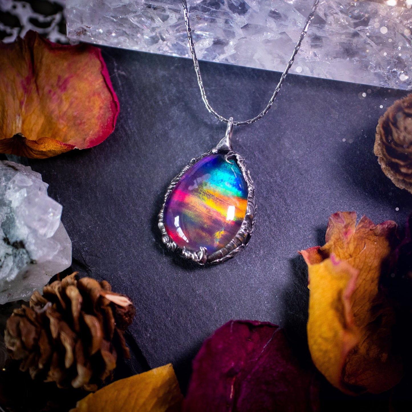 Large, beautiful rainbow aurora opal, soft soldered pendant necklace. This pendant has been made using the tiffany technique with lead free solder that contains silver. Featuring the most beautiful rainbow crystal. Gothic Jewellery. Crystals, witchy